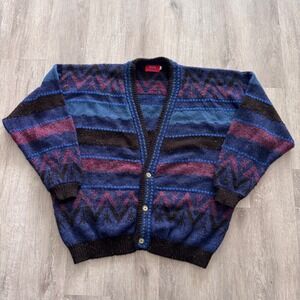 Vintage Shetland Wool Fair Isle Cardigan Sweater Large Geometric Kurt Cobain